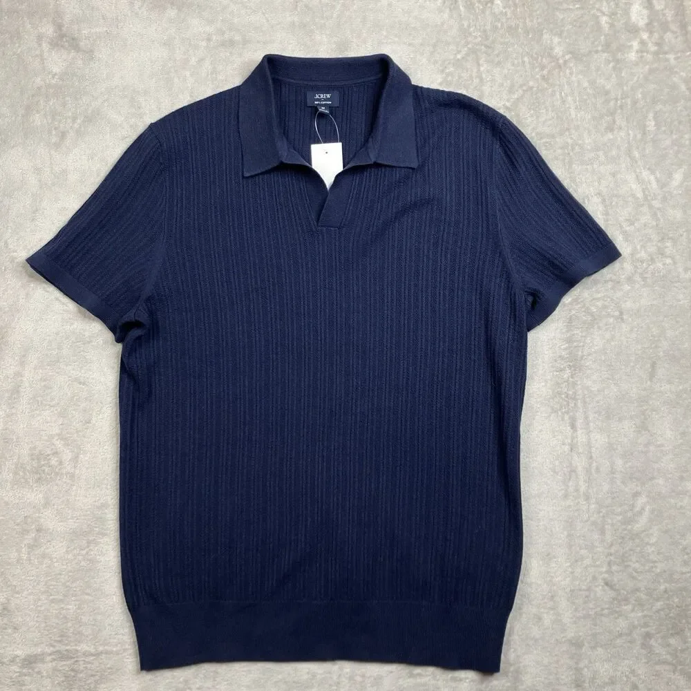 J.Crew Polo Sweater Mens M Blue Cotton Textured Johnny Collar Knit Shirt BY969